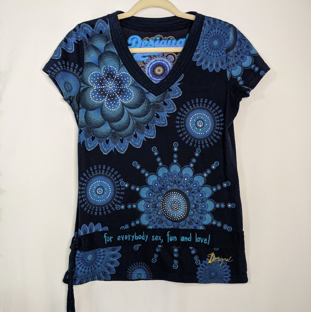Desigual Womens Navy Blue Floral Rhinestone T-shirt Size M